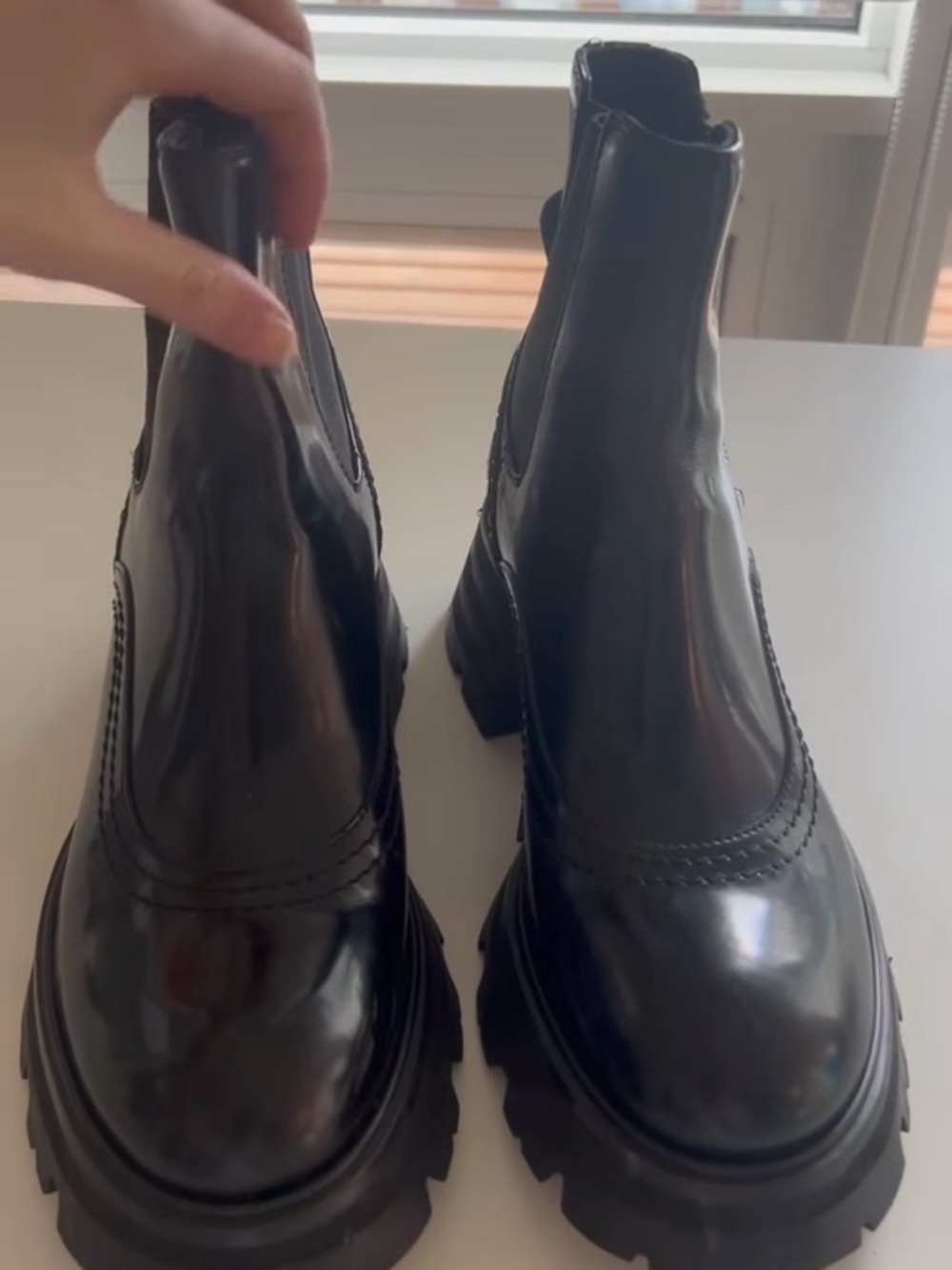 Alexander McQueen Black Patent Lug-Sole Chelsea Booties